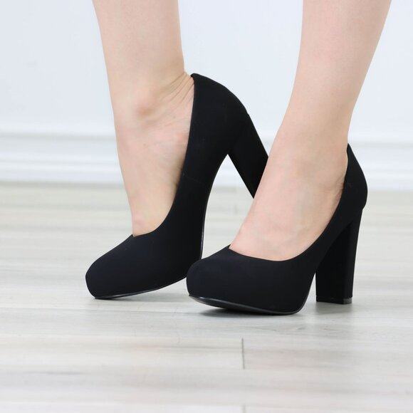 Classic Black Platform Block High Heels Slip On Round Toe Office Pumps Nubuck - Picture 2 of 12